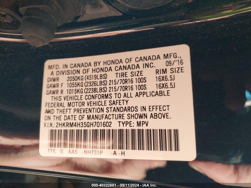 2016 HONDA CR-V LX - 2HKRM4H35GH701602