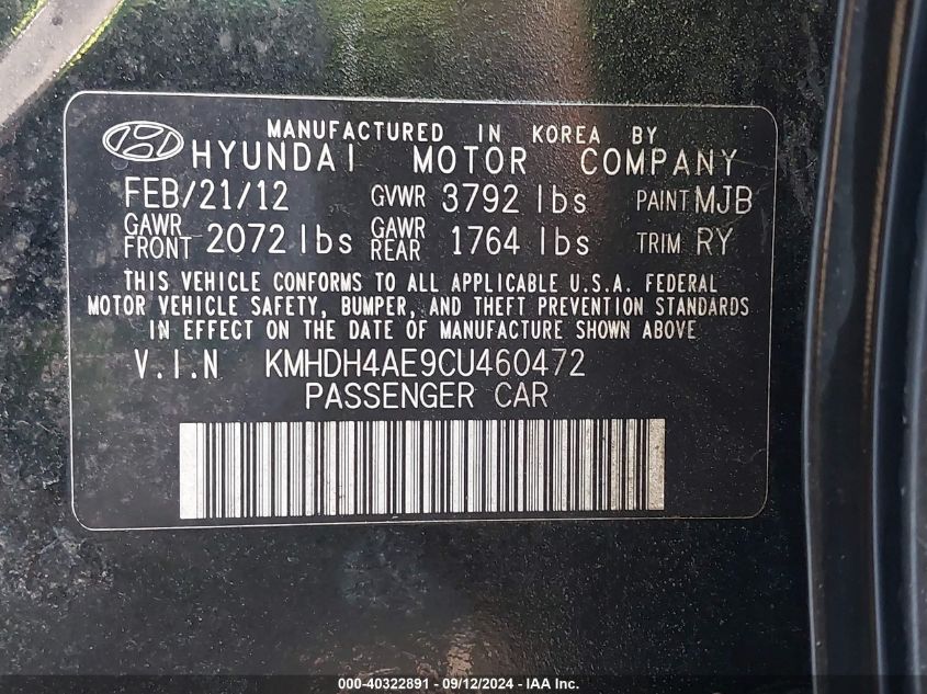 2012 Hyundai Elantra Limited (Ulsan Plant) VIN: KMHDH4AE9CU460472 Lot: 40322891