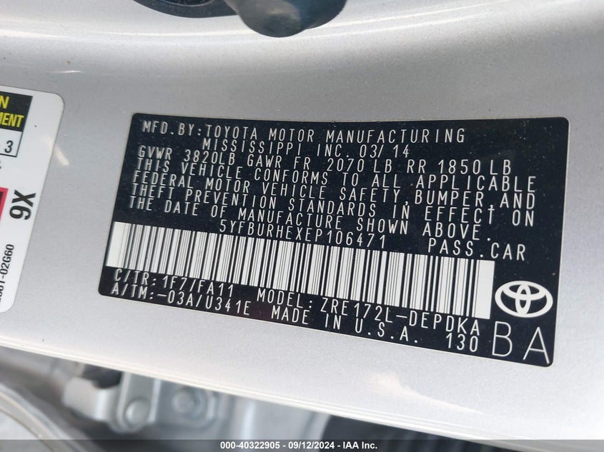 2014 TOYOTA COROLLA L - 5YFBURHEXEP106471