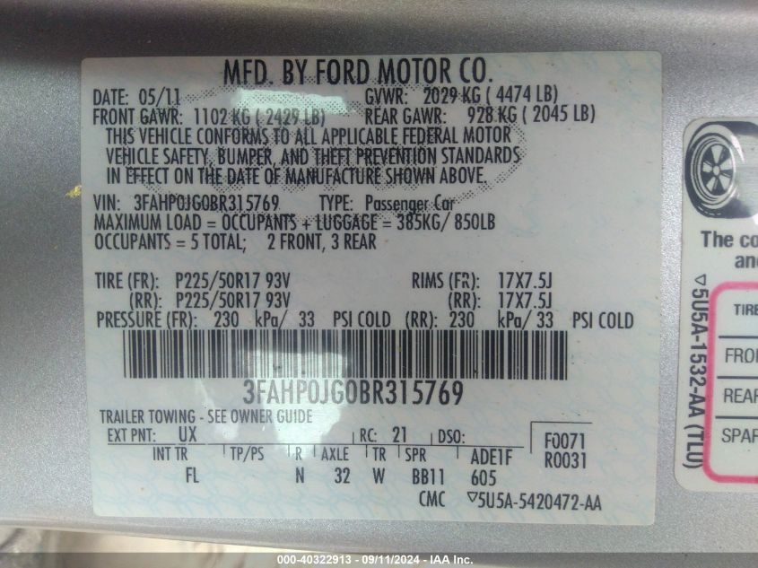 2011 Ford Fusion Sel VIN: 3FAHP0JG0BR315769 Lot: 40322913