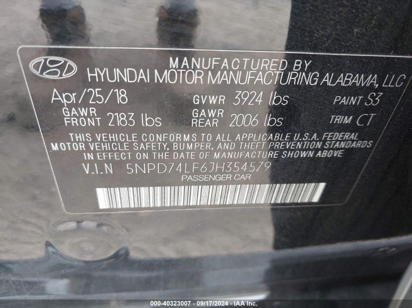 2018 Hyundai Elantra Se VIN: 5NPD74LF6JH354579 Lot: 40323007