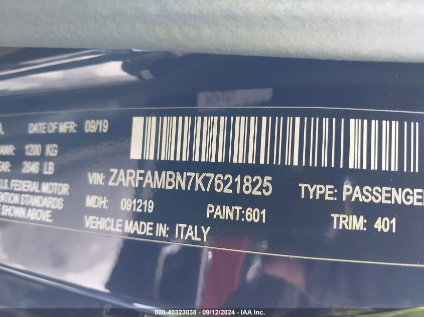 2019 Alfa Romeo Giulia Ti Sport Rwd VIN: ZARFAMBN7K7621825 Lot: 40323038