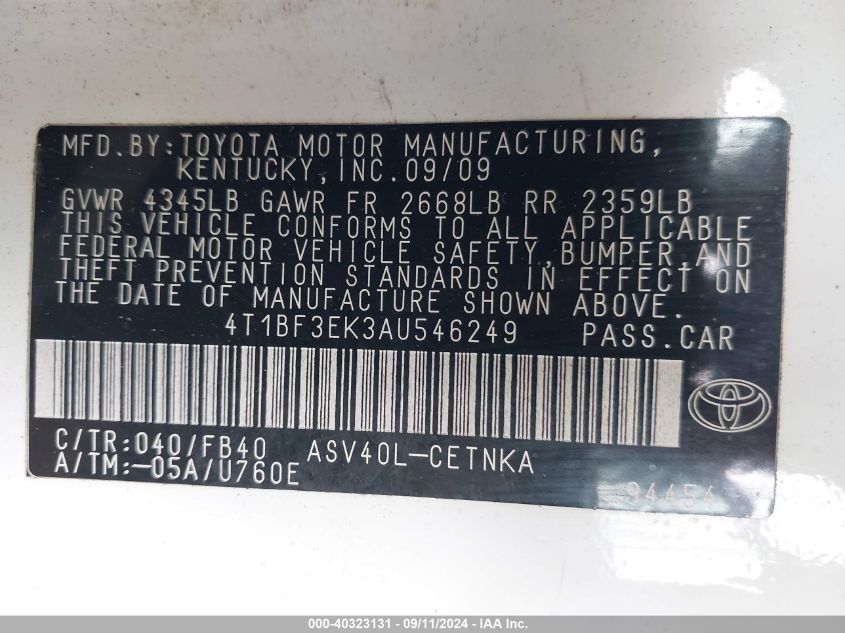 2010 Toyota Camry Se/Le/Xle VIN: 4T1BF3EK3AU546249 Lot: 40323131