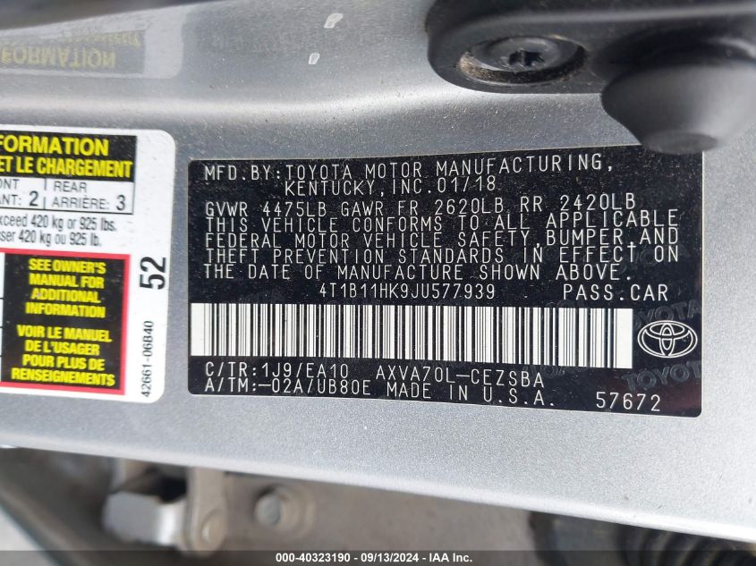 4T1B11HK9JU577939 2018 Toyota Camry L/Le/Xle/Se/Xse