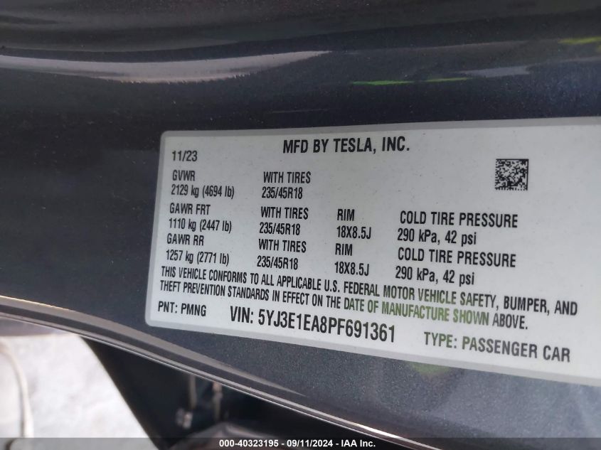 VIN 5YJ3E1EA8PF691361 2023 TESLA MODEL 3 no.9