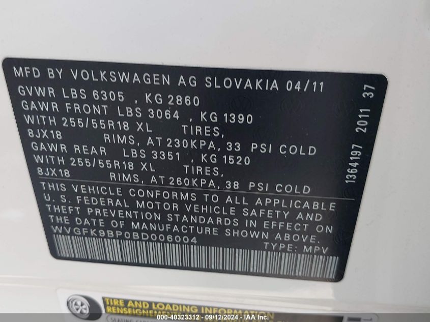 WVGFK9BP0BD006004 2011 Volkswagen Touareg Tdi Sport