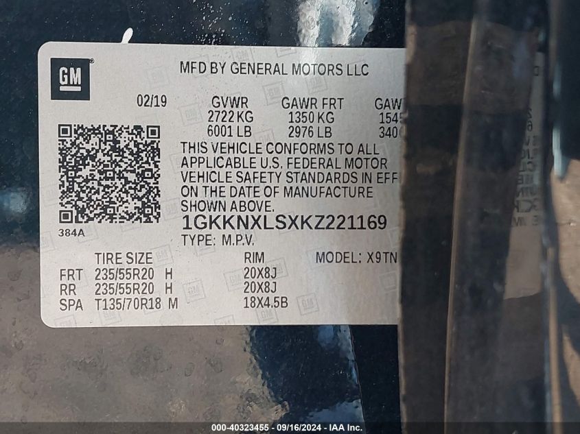 1GKKNXLSXKZ221169 2019 GMC Acadia Denali