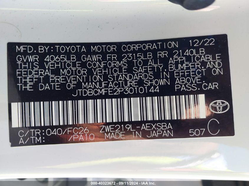 2023 Toyota Corolla Hybrid Se Infrared VIN: JTDBCMFE2P3010144 Lot: 40323672