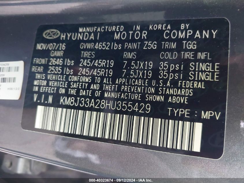 KM8J33A28HU355429 2017 Hyundai Tucson Limited/Sport And Eco/Se