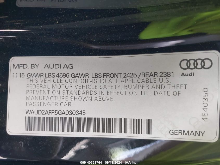 WAUD2AFR5GA030345 2016 Audi A5 2.0T Premium