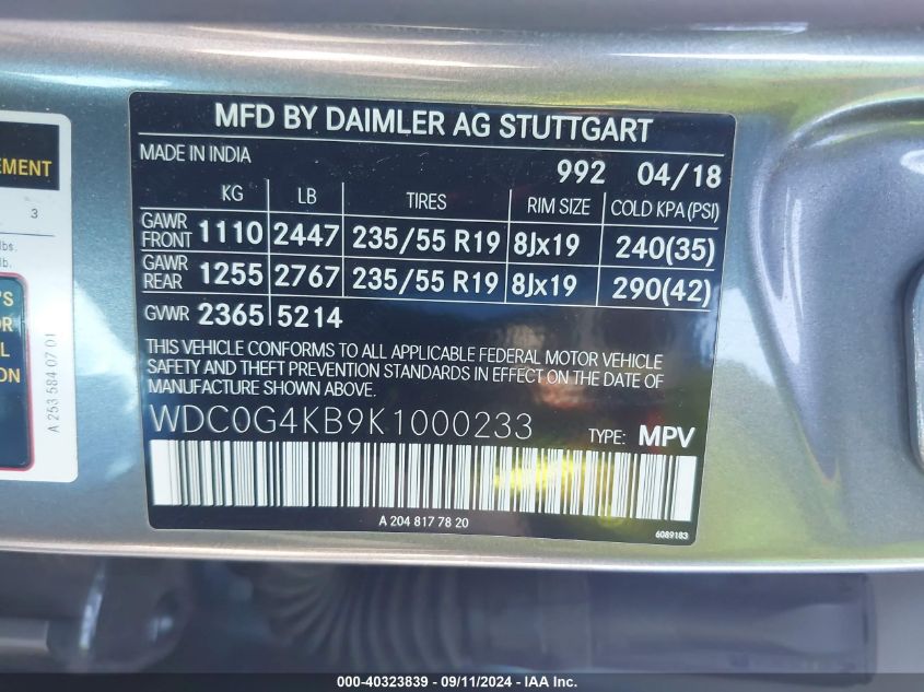 WDC0G4KB9K1000233 2019 Mercedes-Benz Glc 300 4Matic