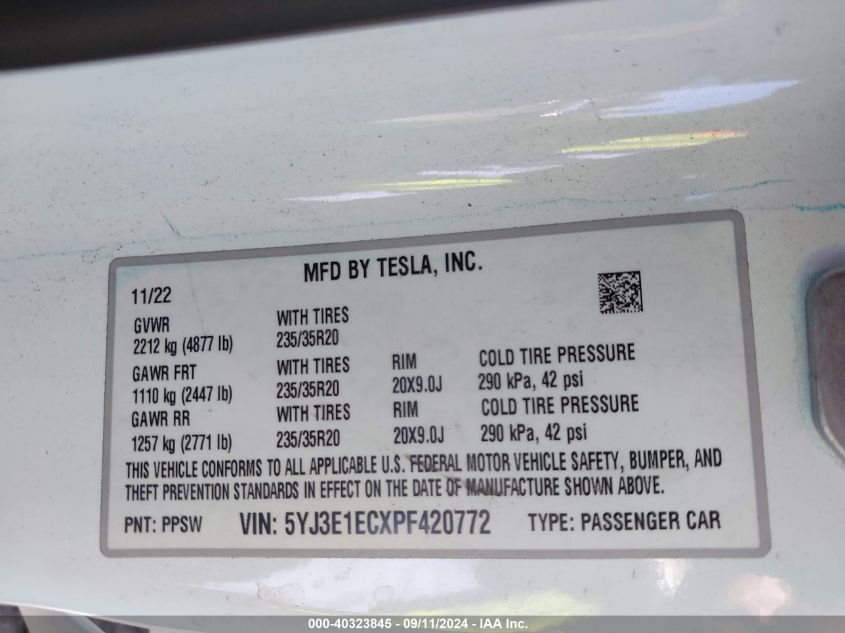 2023 Tesla Model 3 VIN: 5YJ3E1ECXPF420772 Lot: 40323845