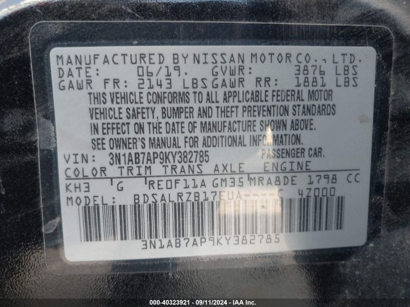 3N1AB7AP9KY382785 2019 Nissan Sentra Sr