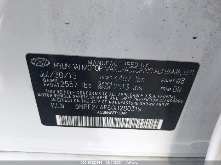 2016 HYUNDAI SONATA SE - 5NPE24AF6GH280319