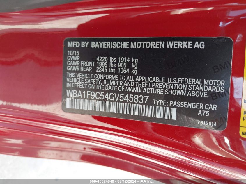 2016 BMW 228I VIN: WBA1F9C54GV545837 Lot: 40324040