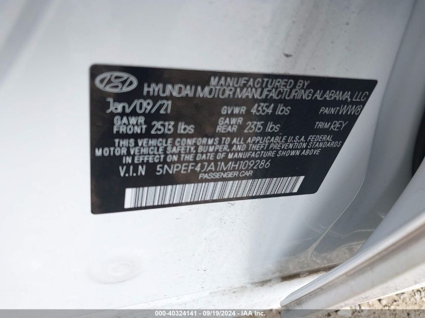 5NPEF4JA1MH109286 2021 Hyundai Sonata Sel