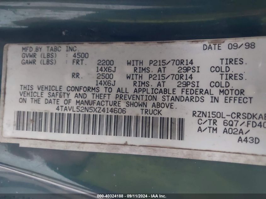 1999 Toyota Tacoma VIN: 4TAVL52N5XZ414606 Lot: 40324188