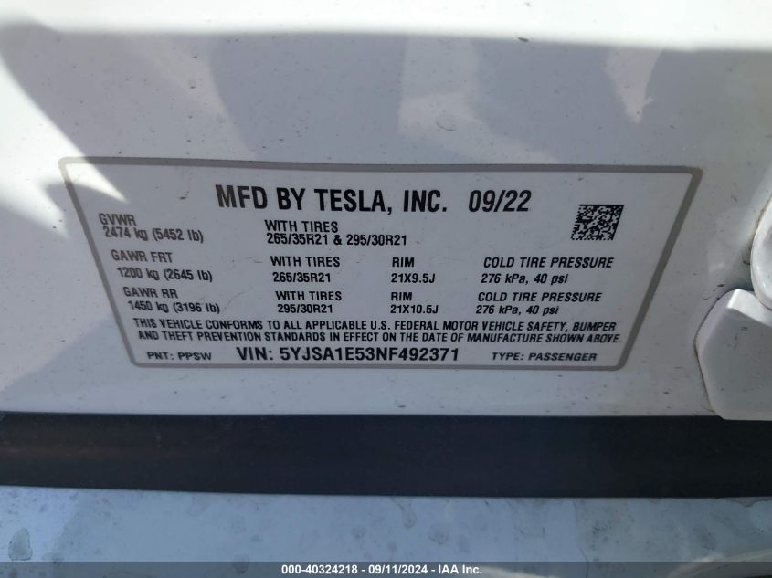 2022 Tesla Model S Dual Motor All-Wheel Drive VIN: 5YJSA1E53NF492371 Lot: 40324218