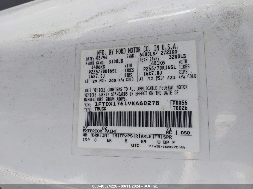 1997 Ford F-150 Lariat/Standard/Xl/Xlt VIN: 1FTDX1761VKA60278 Lot: 40324226