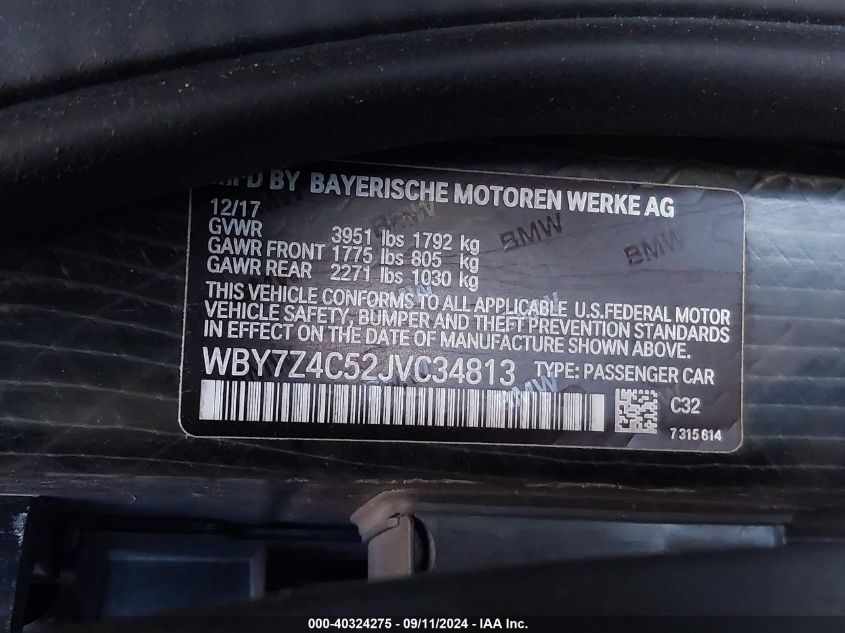 2018 BMW I3 94Ah W/Range Extender VIN: WBY7Z4C52JVC34813 Lot: 40324275