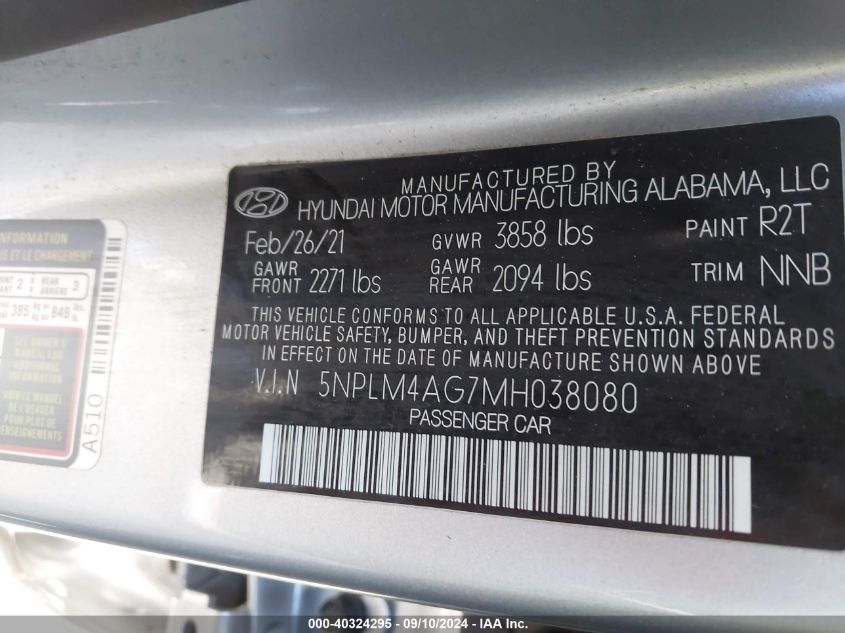 2021 Hyundai Elantra Sel VIN: 5NPLM4AG7MH038080 Lot: 40324295