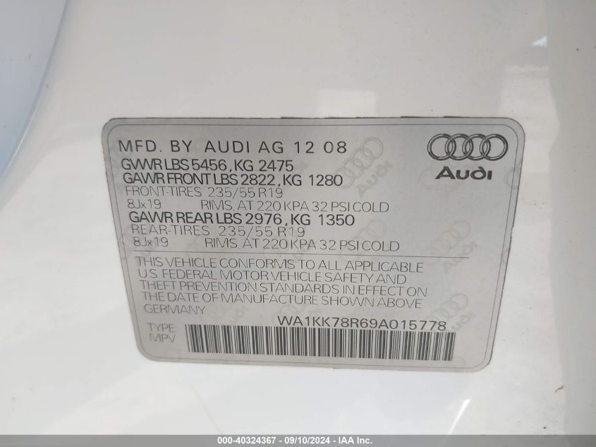 2009 Audi Q5 3.2 Premium VIN: WA1KK78R69A015778 Lot: 40324367