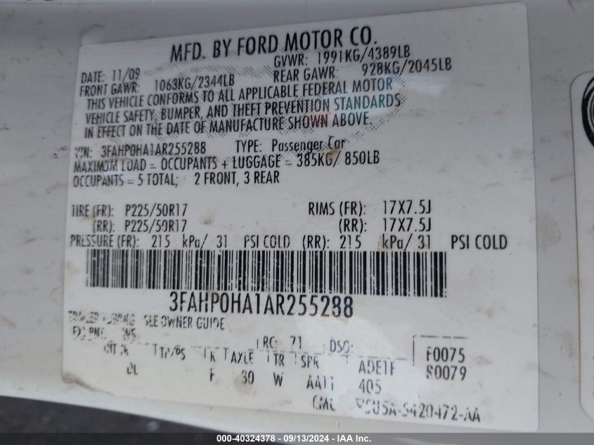 2010 Ford Fusion Se VIN: 3FAHP0HA1AR255288 Lot: 40324378