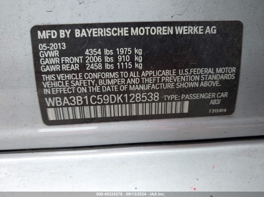 2013 BMW 320I VIN: WBA3B1C59DK128538 Lot: 40324379