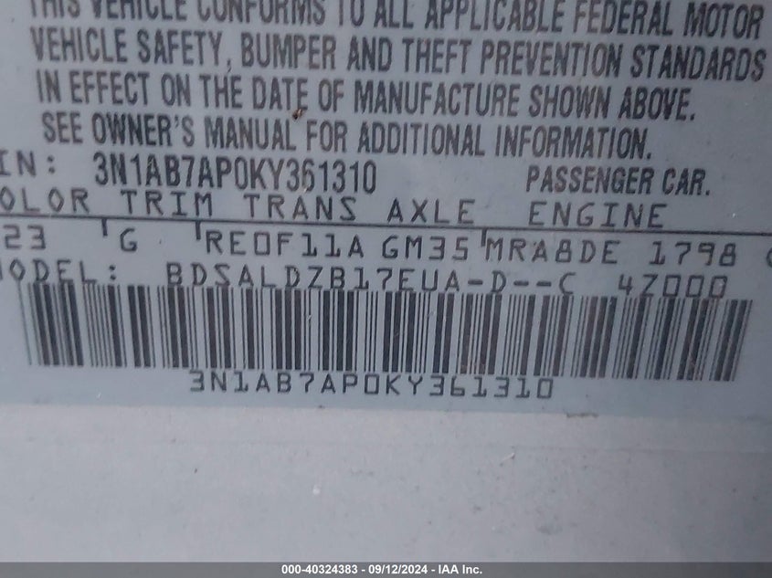 VIN 3N1AB7AP0KY361310 2019 NISSAN SENTRA SV