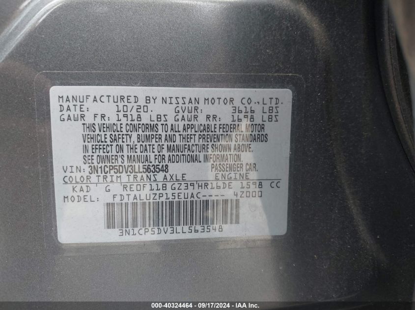 2020 Nissan Kicks Sr Xtronic Cvt VIN: 3N1CP5DV3LL563548 Lot: 40324464