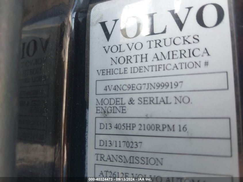 2018 Volvo Vn Vnl VIN: 4V4NC9EG7JN999197 Lot: 40324473