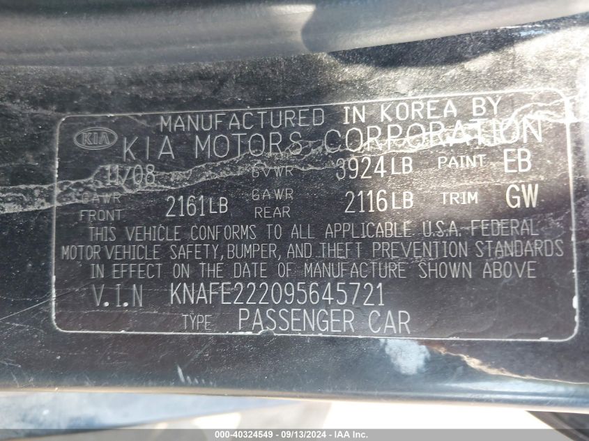 KNAFE222095645721 2009 Kia Spectra Ex