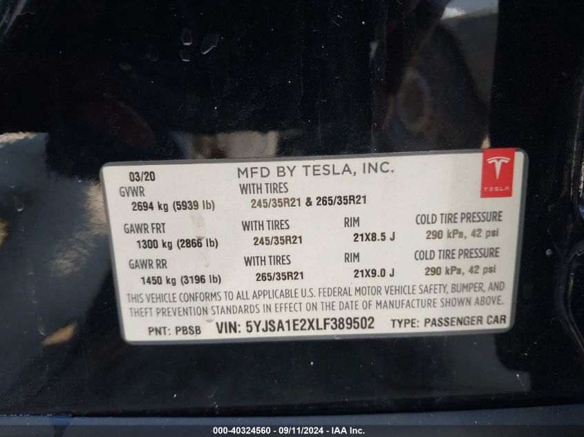 5YJSA1E2XLF389502 2020 Tesla Model S