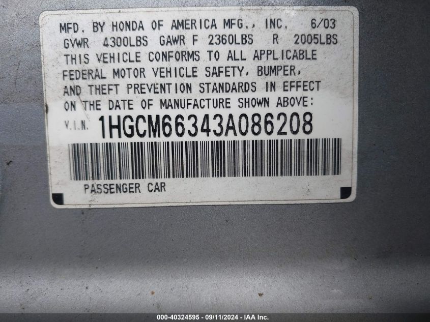 1HGCM66343A086208 2003 Honda Accord 3.0 Lx