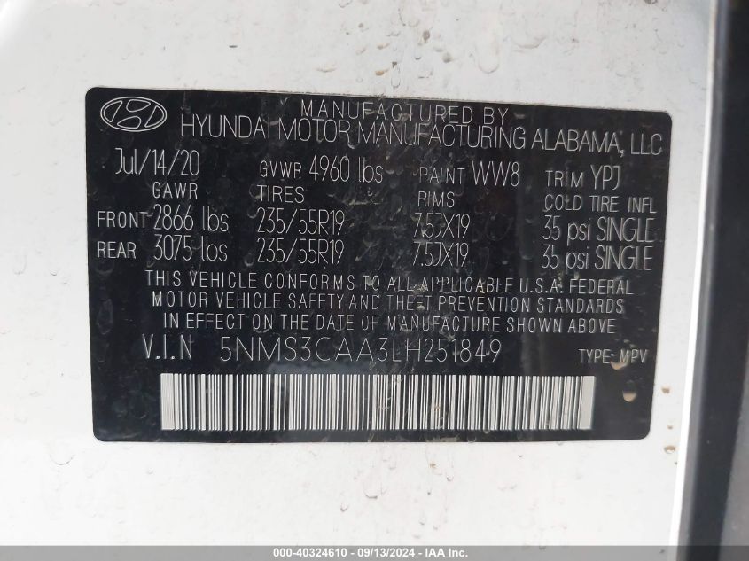 2020 Hyundai Santa Fe Sel 2.0T VIN: 5NMS3CAA3LH251849 Lot: 40324610