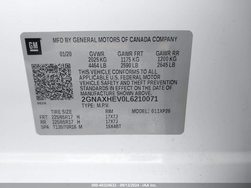 2020 Chevrolet Equinox Fwd Ls VIN: 2GNAXHEV0L6210071 Lot: 40324632