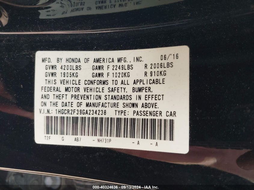 1HGCR2F39GA234238 2016 Honda Accord Lx