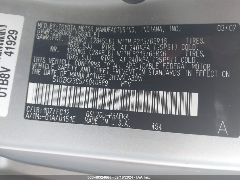 5TDZK23C57S040889 2007 Toyota Sienna Le