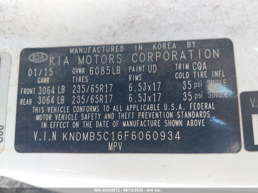 KNDMB5C16F6060934 2015 Kia Sedona Lx