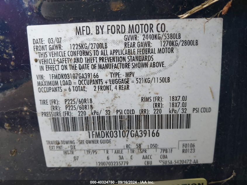 1FMDK03107GA39166 2007 Ford Freestyle Limited