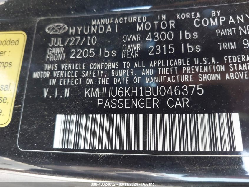 KMHHU6KH1BU046375 2011 Hyundai Genesis 3.8 Track