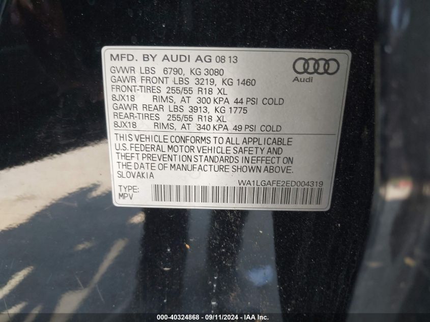 2014 Audi Q7 3.0T Premium VIN: WA1LGAFE2ED004319 Lot: 40324868