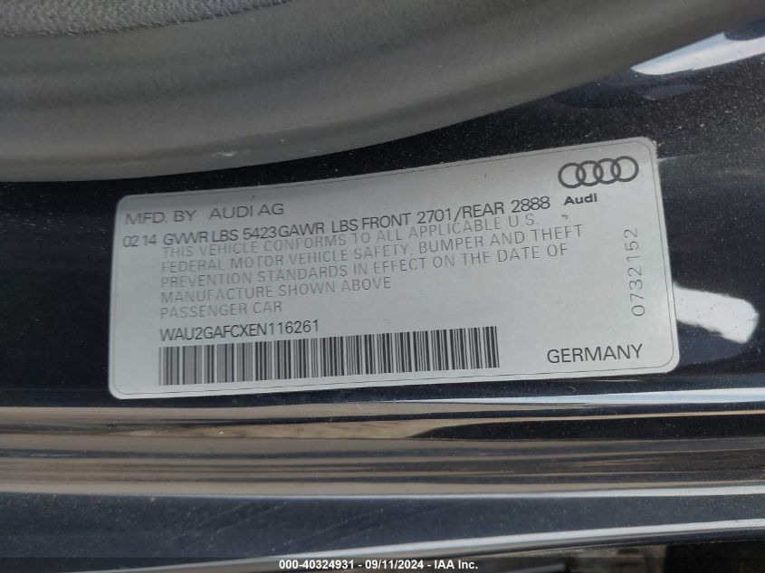 2014 Audi A7 3.0T Premium Plus VIN: WAU2GAFCXEN116261 Lot: 40324931