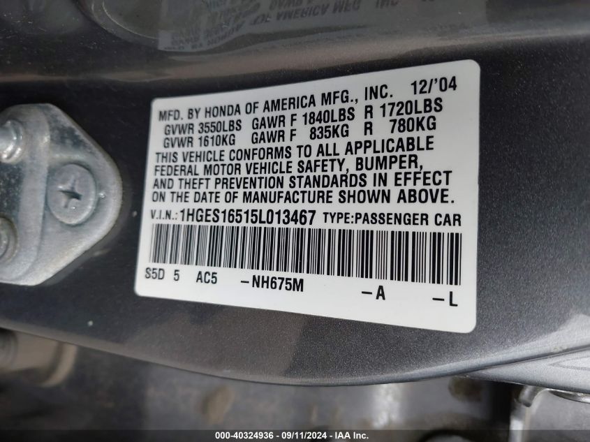 1HGES16515L013467 2005 Honda Civic Lx