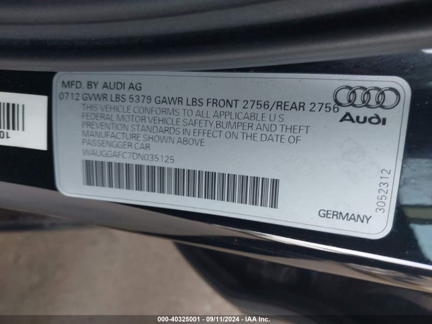 2013 Audi A6 Premium Plus VIN: WAUGGAFC7DN035125 Lot: 40325001