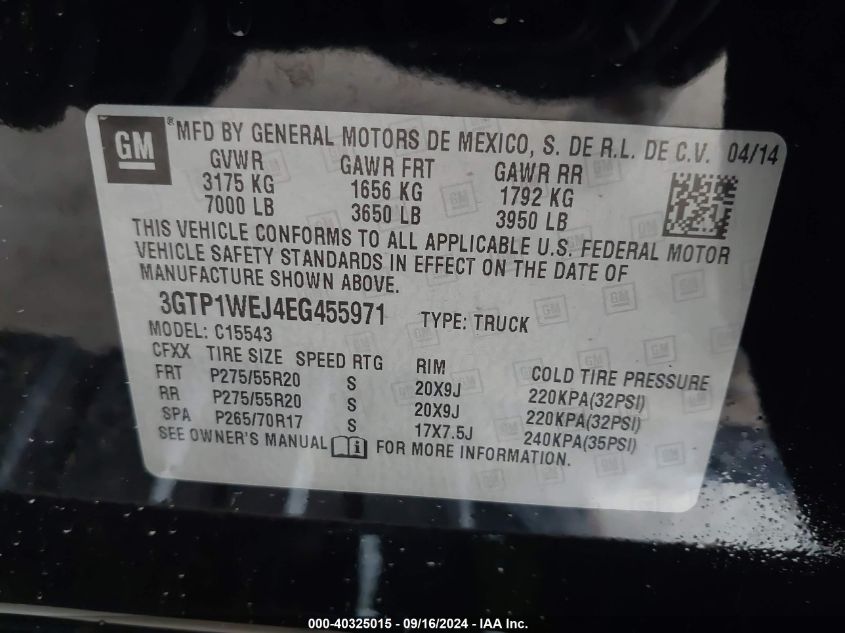 2014 GMC Sierra 1500 Denali VIN: 3GTP1WEJ4EG455971 Lot: 40325015
