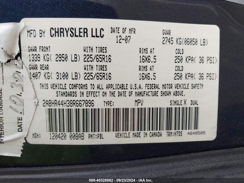 2008 Chrysler Town & Country Lx VIN: 2A8HR44H38R667896 Lot: 40325082