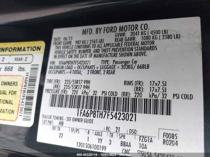 2015 Ford Mustang Ecoboost VIN: 1FA6P8TH7F5423021 Lot: 40325118