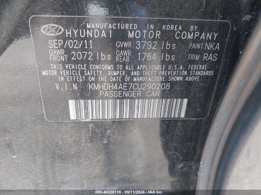 2012 Hyundai Elantra Limited (Ulsan Plant) VIN: KMHDH4AE7CU290208 Lot: 40325119