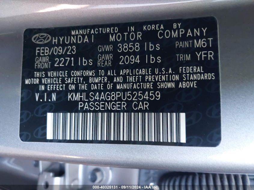 2023 Hyundai Elantra Sel VIN: KMHLS4AG8PU525459 Lot: 40325131